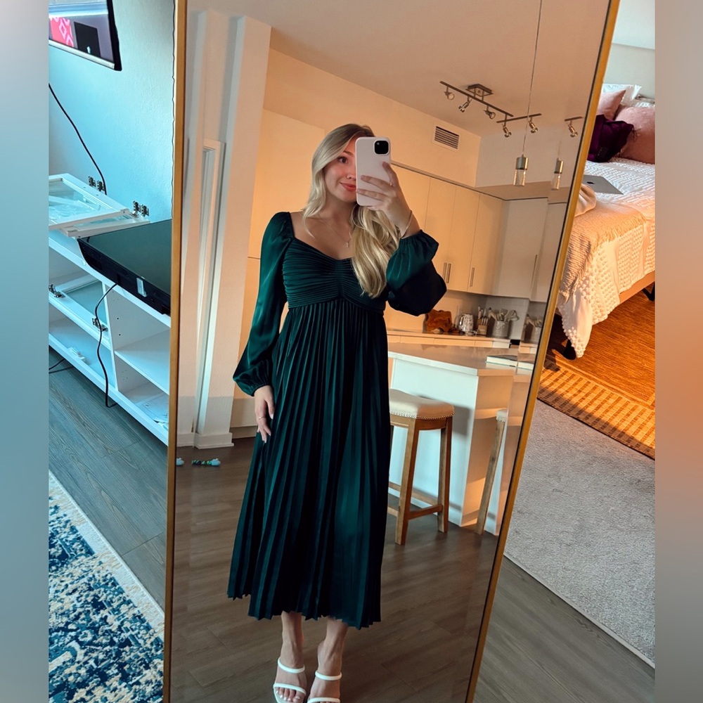 Long Sleeve Satin Empire Waist Pleated Midi Dress